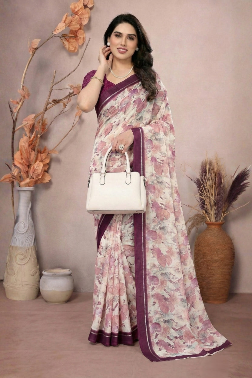 Purple Satin Printed Saree