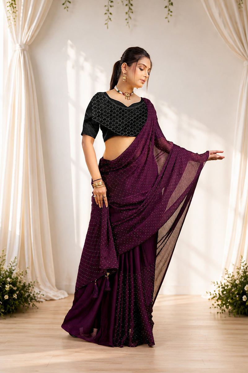 Purple Stone Work Satin Chiffon Saree