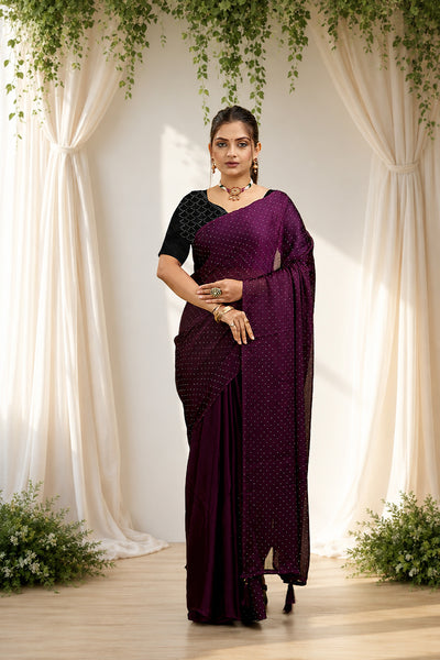 Purple Stone Work Satin Chiffon Saree
