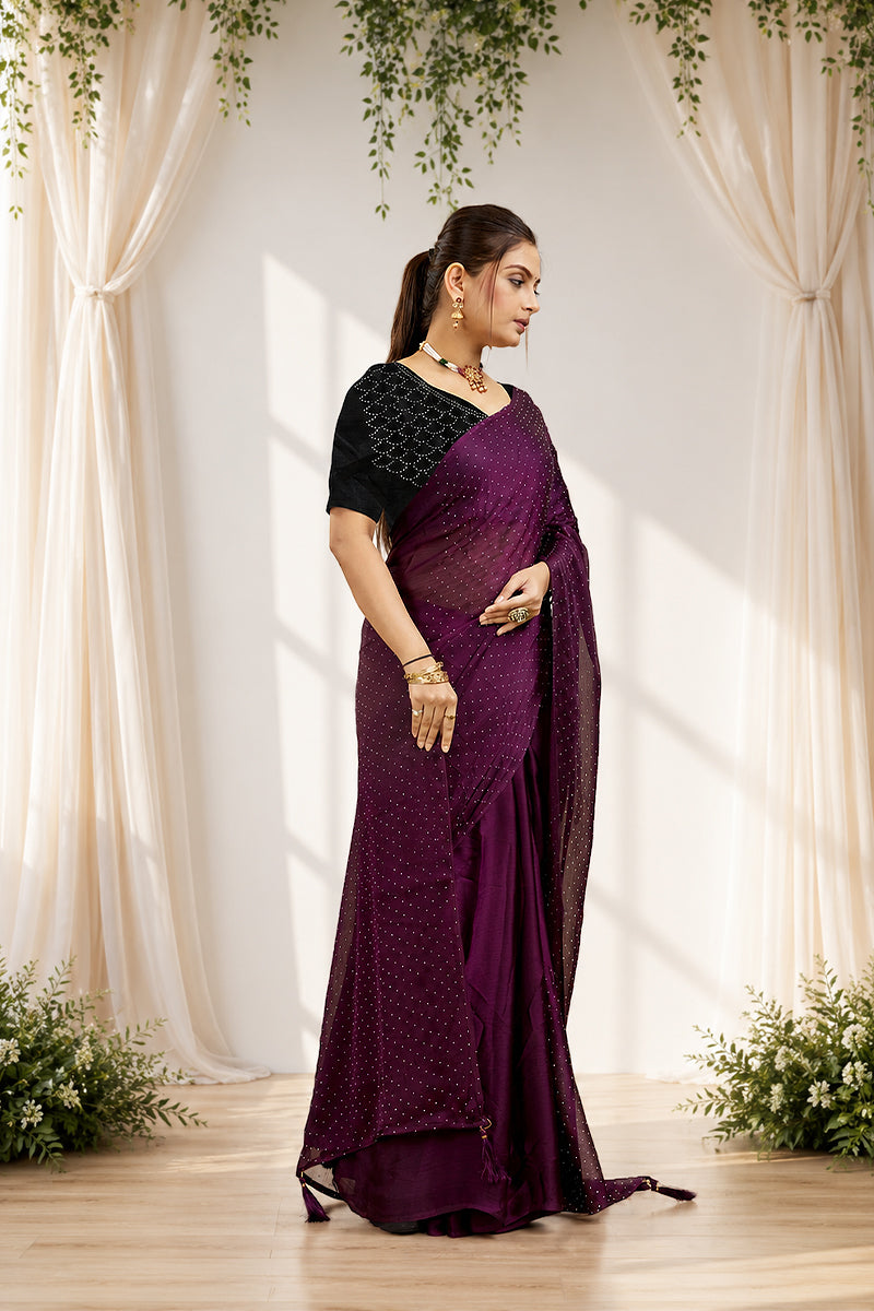 Purple Stone Work Satin Chiffon Saree