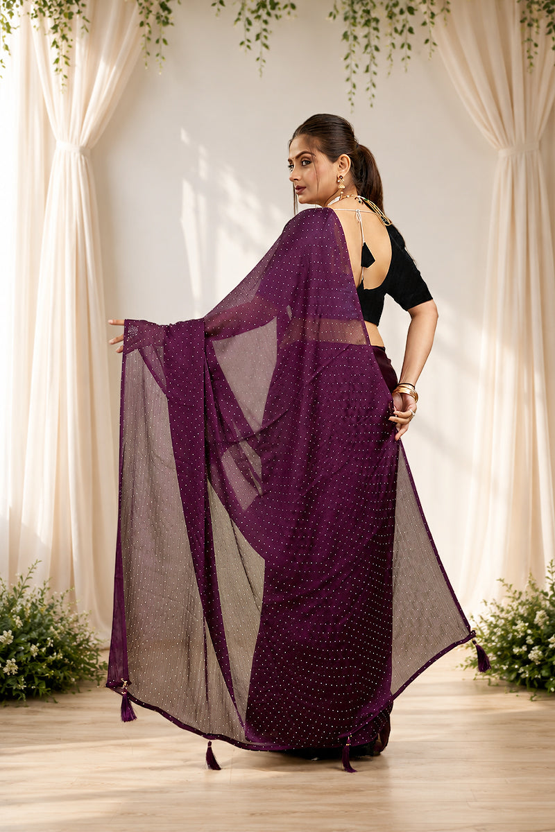 Purple Stone Work Satin Chiffon Saree