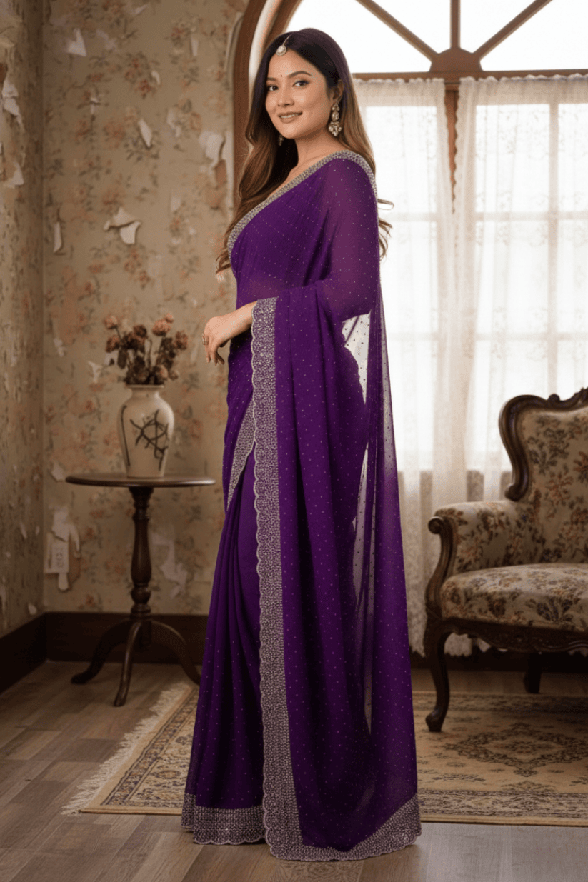Purple Swarovski Soft Silk Saree