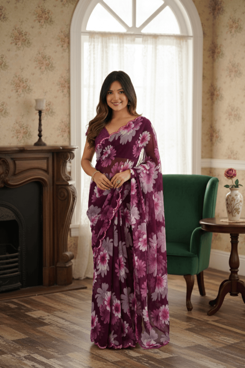 Purple Floral Printed Georgette Saree
