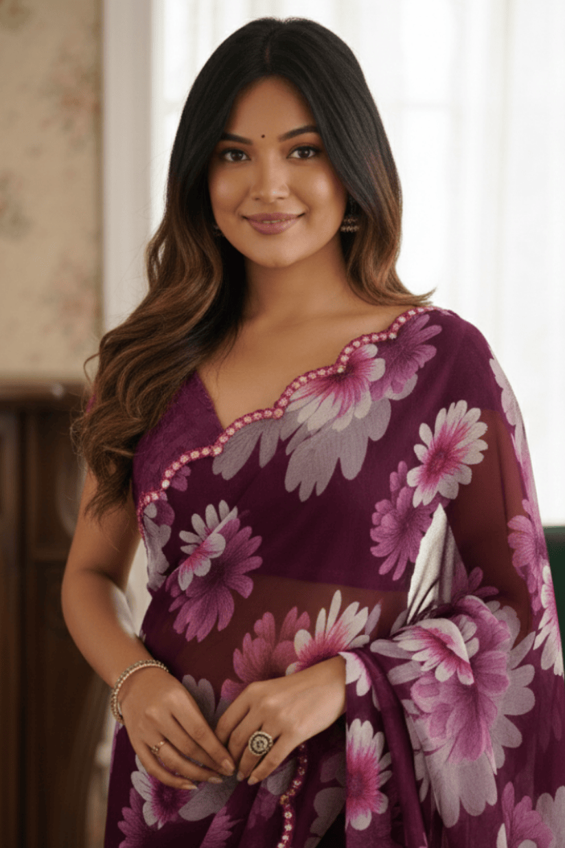 Purple Floral Printed Georgette Saree