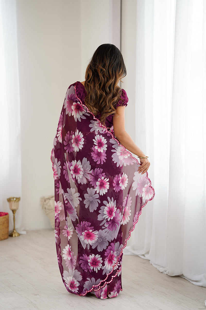 Purple Floral Printed Georgette Saree
