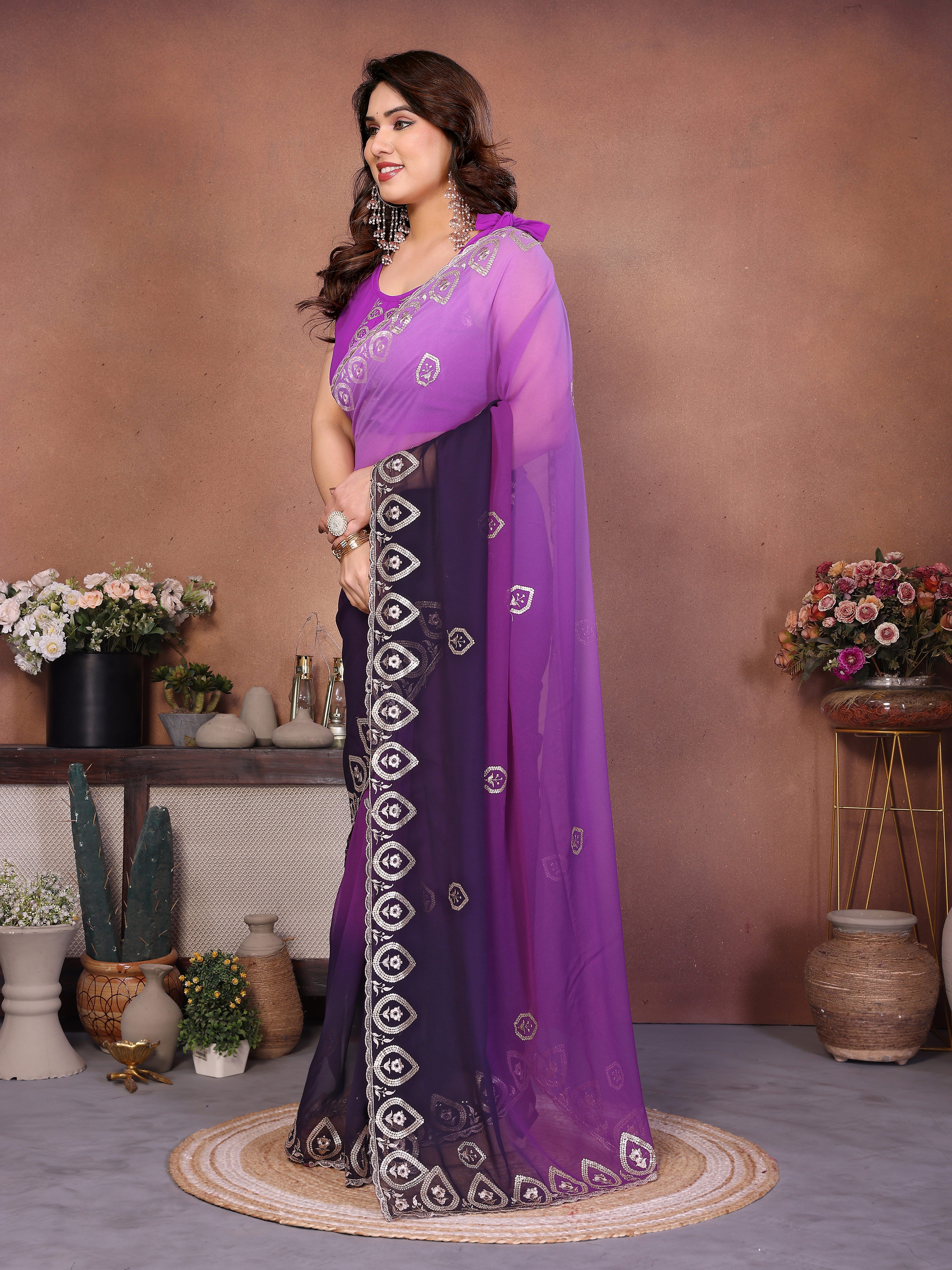 Purple Georgette Embroidered Saree