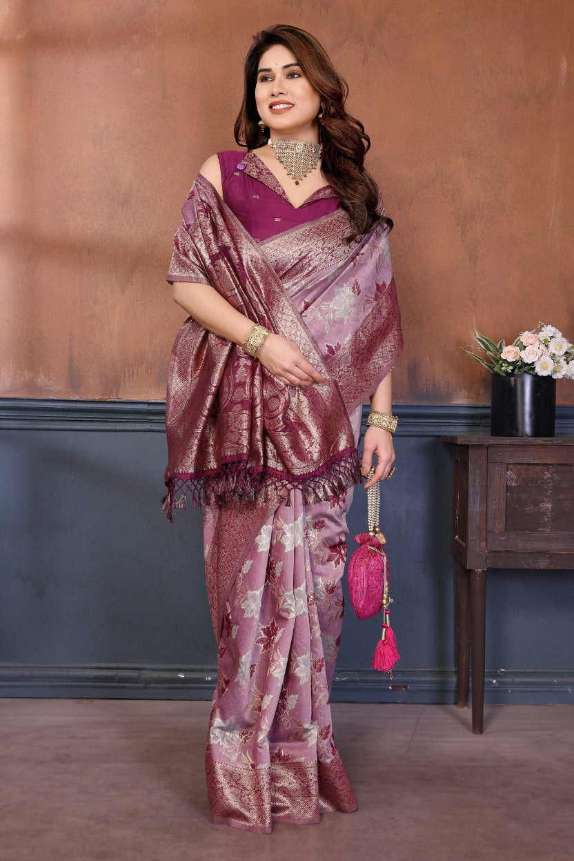 Purple Lotus Cotton Blend Jacquard Zari Saree