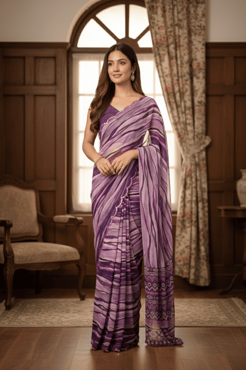 Purple Printed Mirror Work Georgette Saree