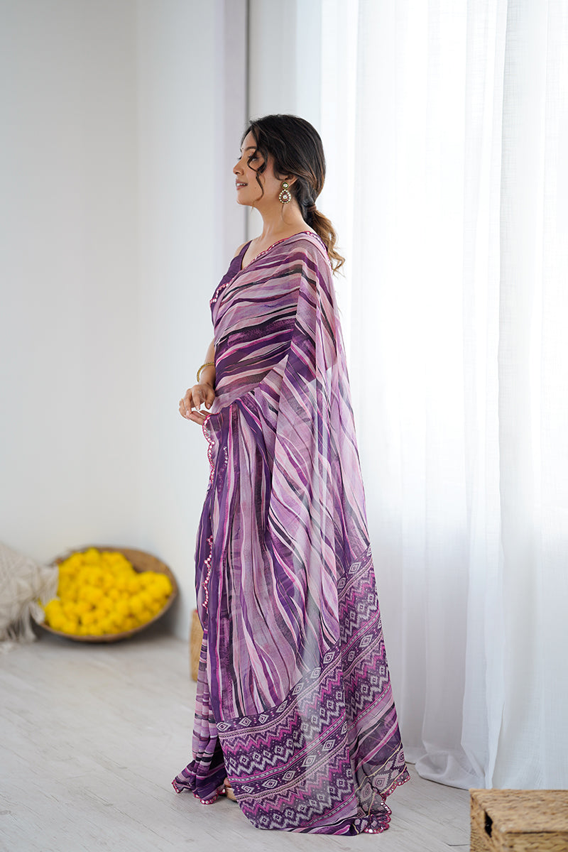 Purple Printed Mirror Work Georgette Saree