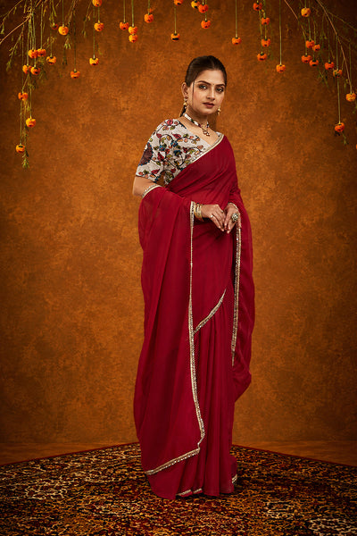 Red Solid Plain Georgette Saree