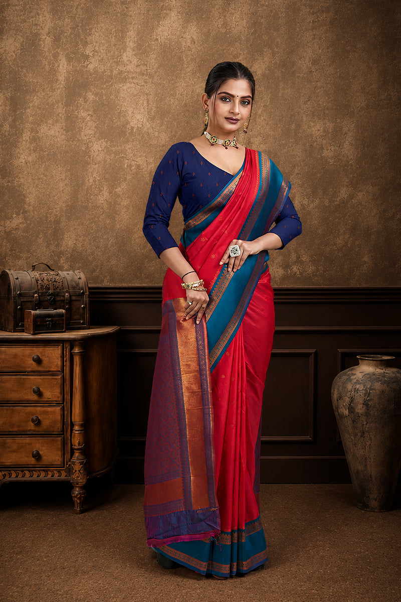 Red Narayan Border Silk Blend Saree