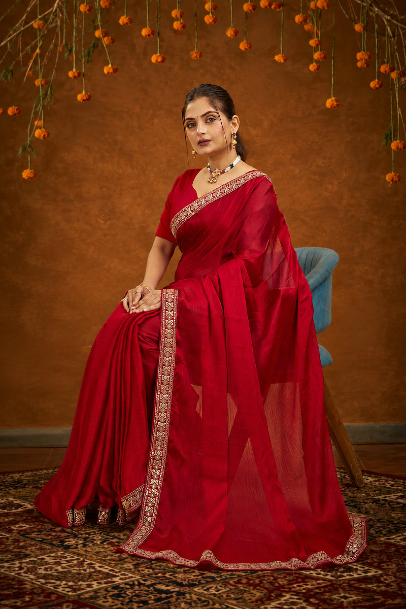 Red Solid Plain Georgette Saree