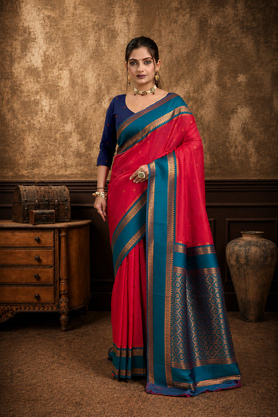Red Narayan Border Silk Blend Saree