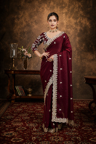 Wine Sequined Embroidered Fancy Chiffon Saree
