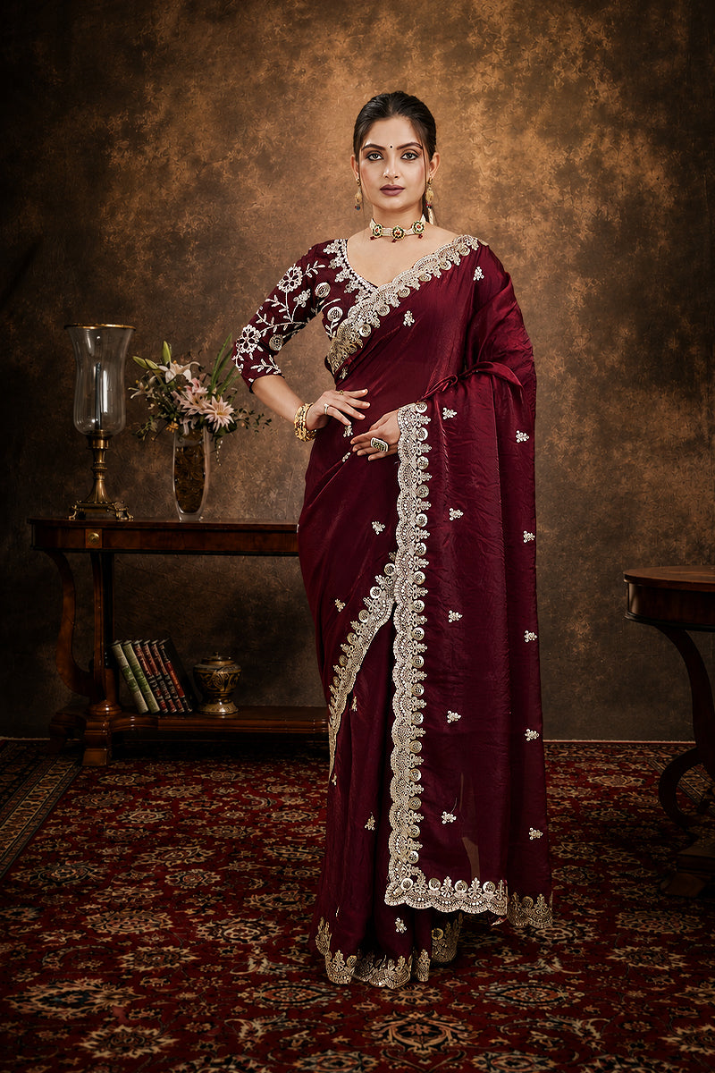 Wine Sequined Embroidered Fancy Chiffon Saree