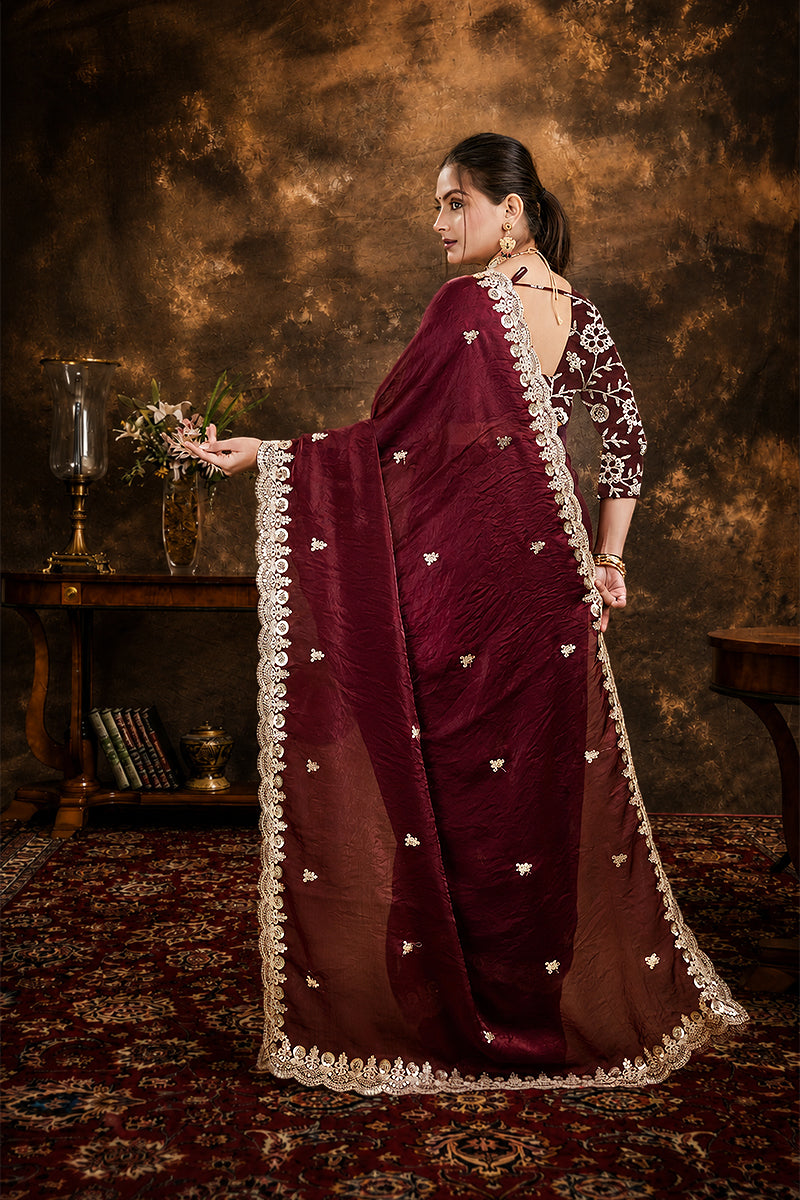 Wine Sequined Embroidered Fancy Chiffon Saree