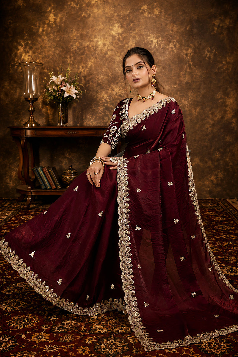 Wine Sequined Embroidered Fancy Chiffon Saree