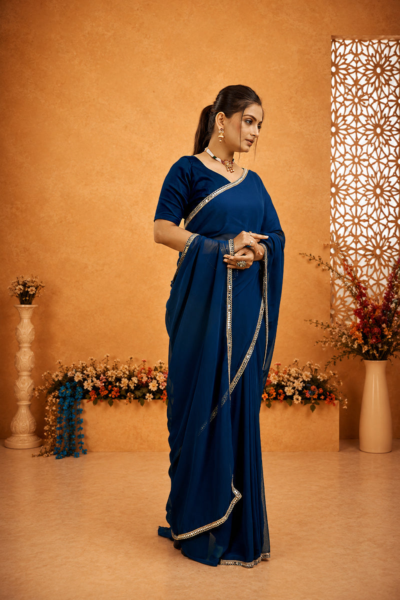 Royal Blue Mirror Lace Georgette Saree