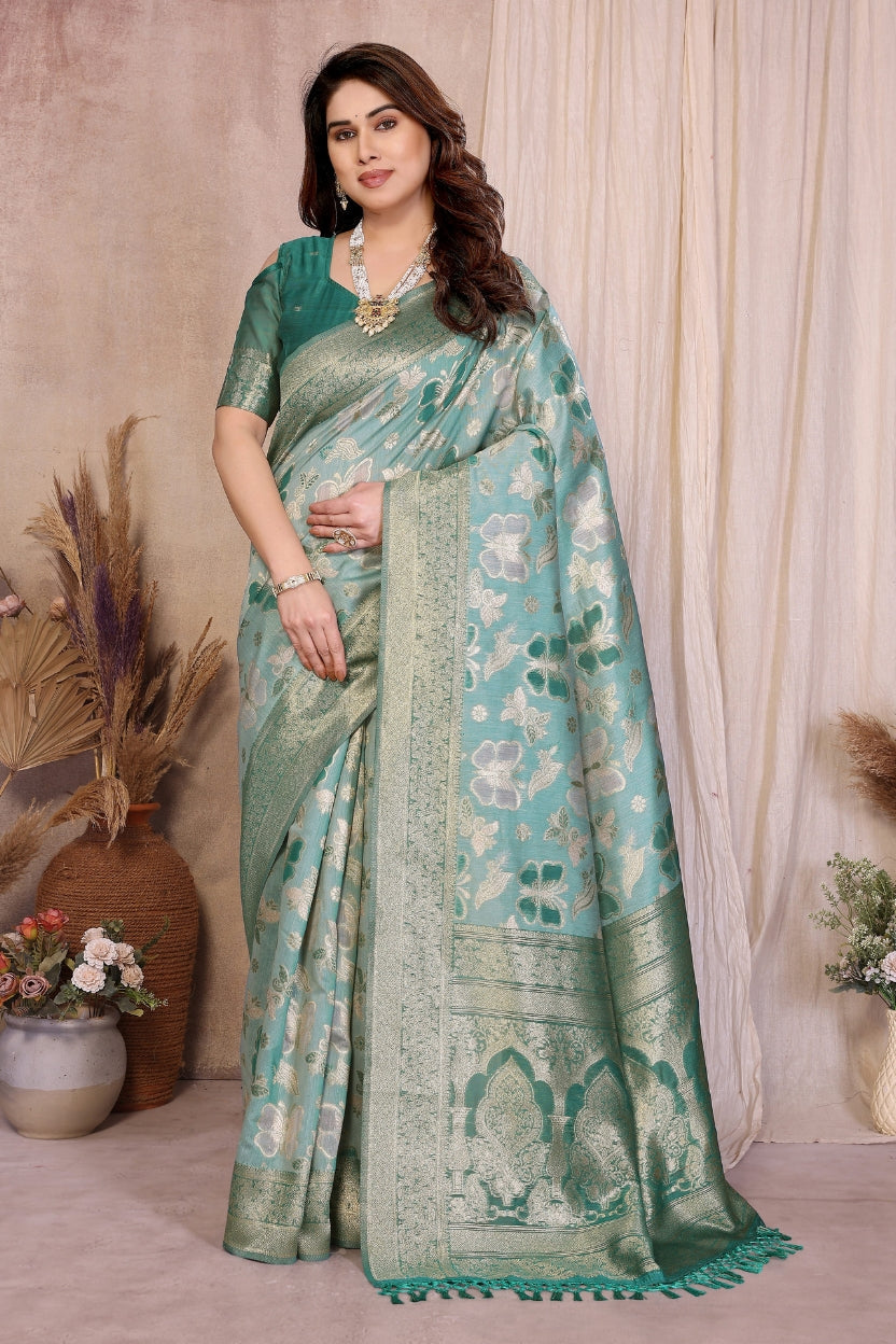 Rama Cotton Blend Jacquard Zari Saree