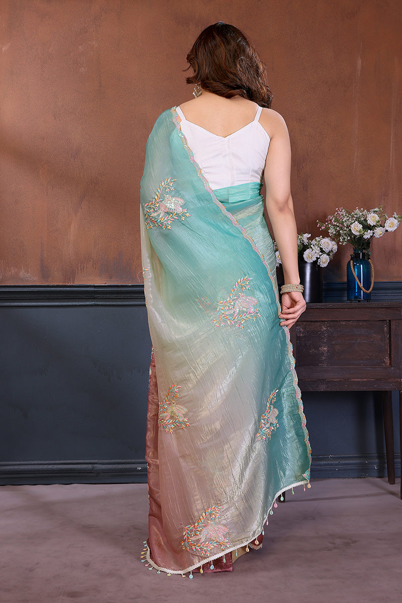 Rama Pink Dual Shade Embroidered Saree