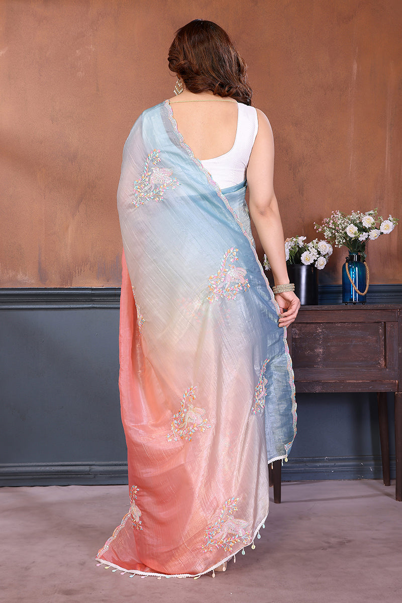 Rama Pink Dual Shade Embroidered Saree