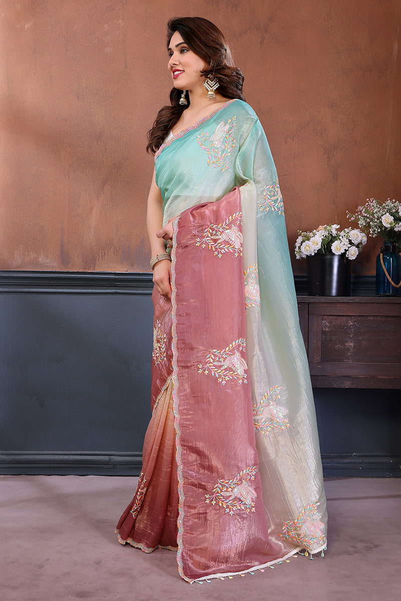 Rama Pink Dual Shade Embroidered Saree
