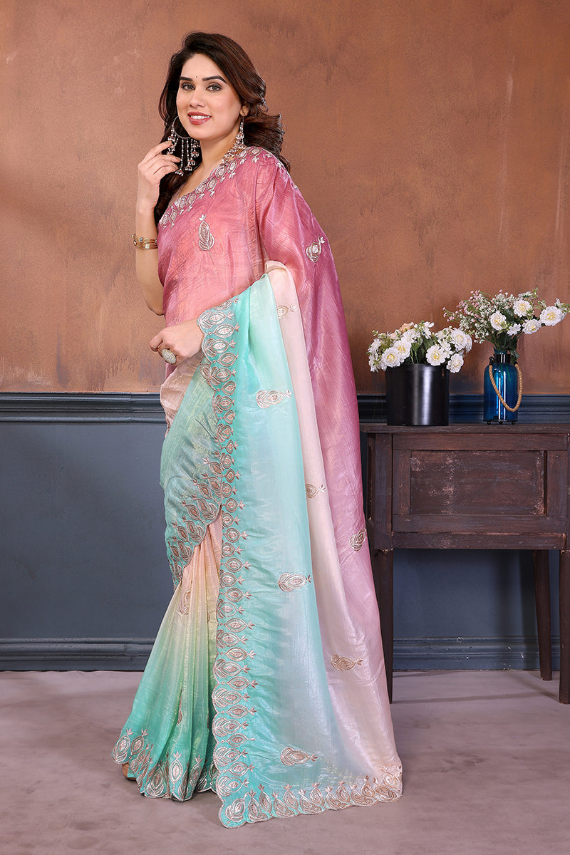 Rama Dual Sahde Embroidered Saree