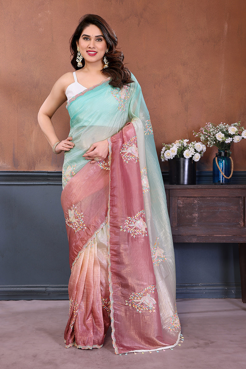 Rama Pink Dual Shade Embroidered Saree
