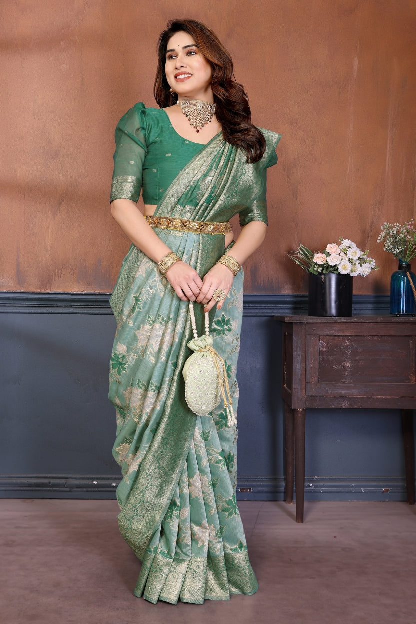 Rama Lotus Cotton Blend Jacquard Zari Saree