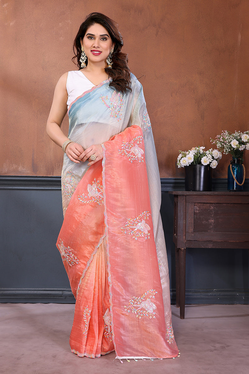 Rama Peach Dual Shade Embroidered Saree