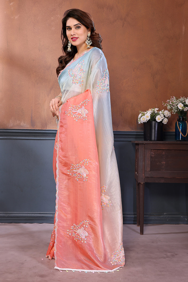 Rama Peach Dual Shade Embroidered Saree