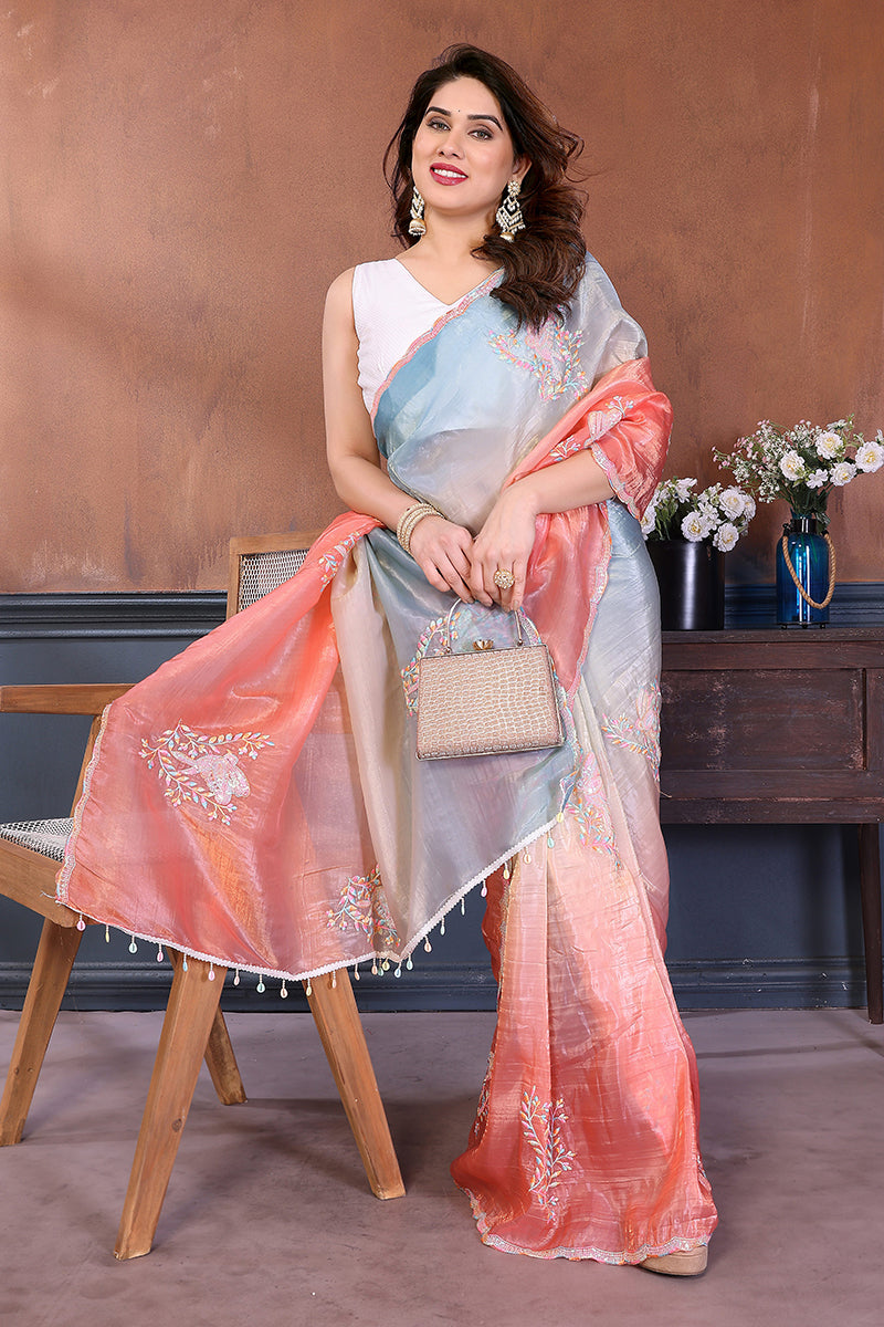 Rama Peach Dual Shade Embroidered Saree