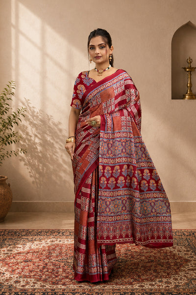 Red Ajrakh Semi Gaji Silk Saree