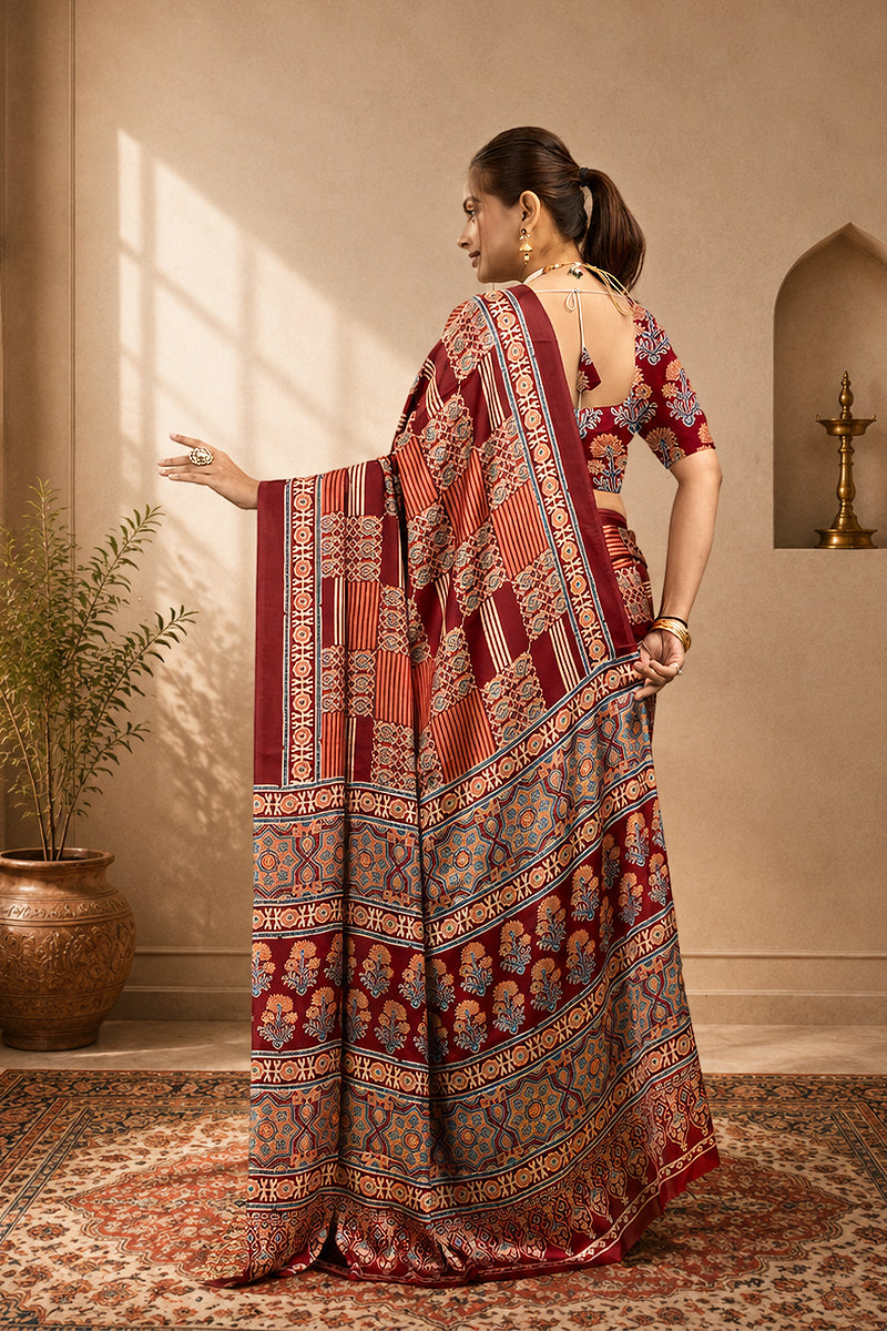 Red Ajrakh Semi Gaji Silk Saree