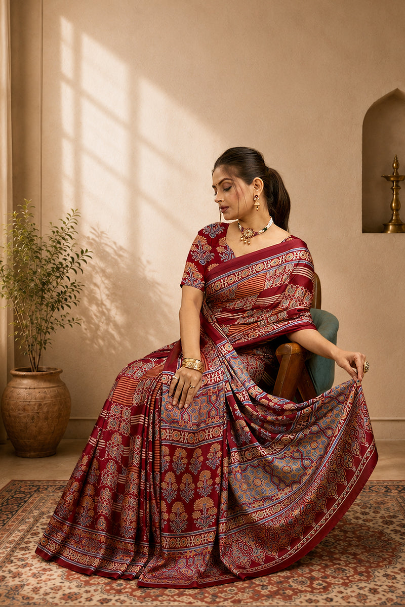 Red Ajrakh Semi Gaji Silk Saree