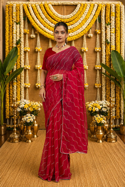 Red Beaded Swarovski Georgette Fancy Saree