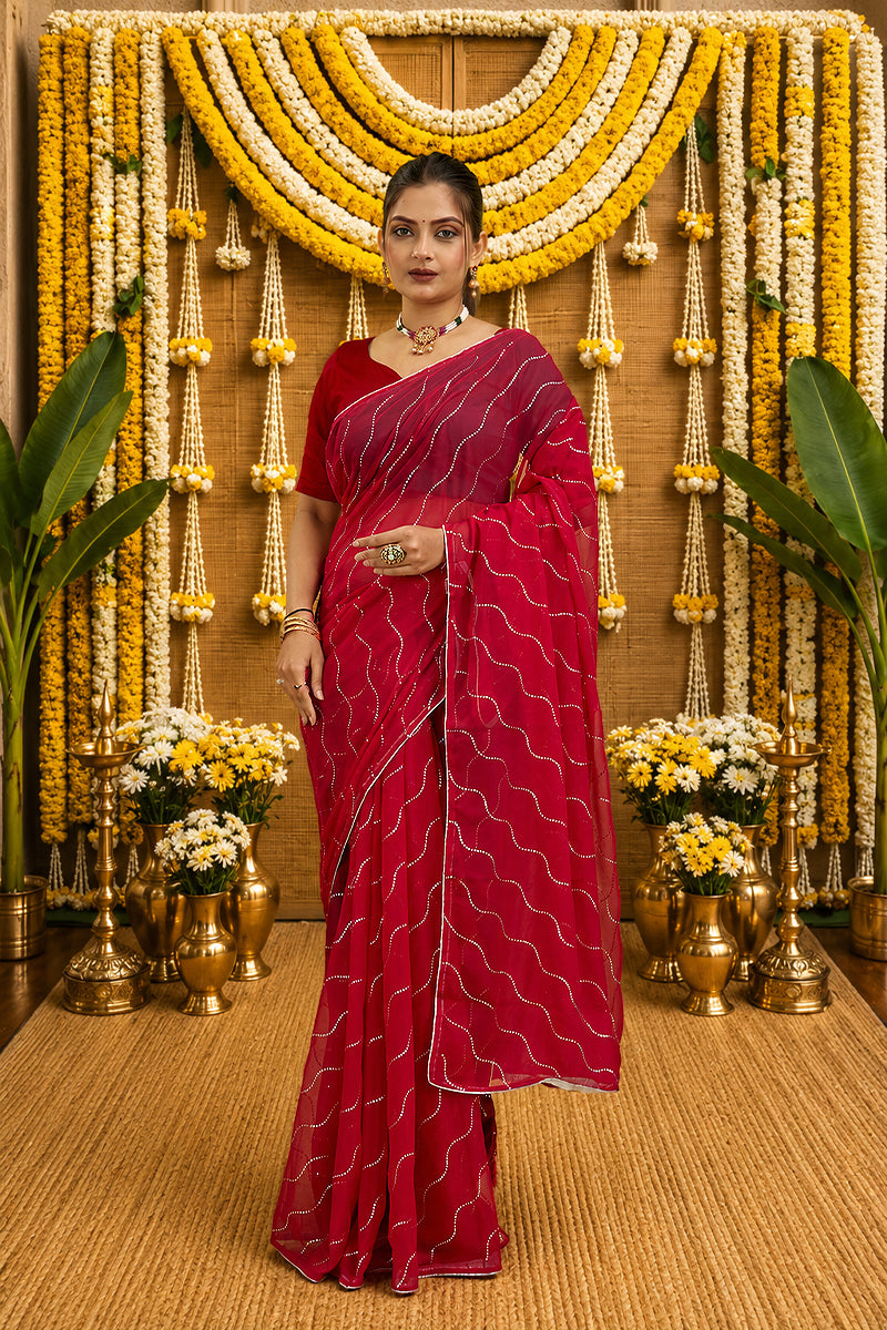 Red Beaded Swarovski Georgette Fancy Saree