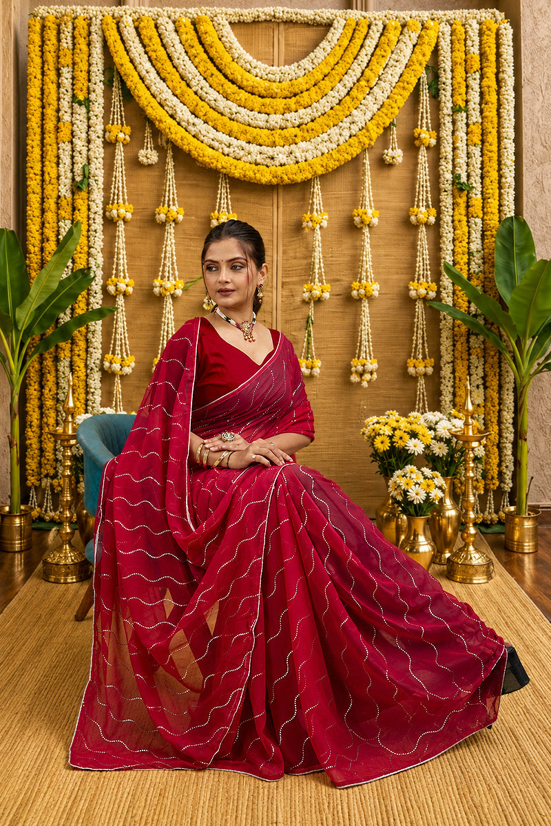Red Beaded Swarovski Georgette Fancy Saree