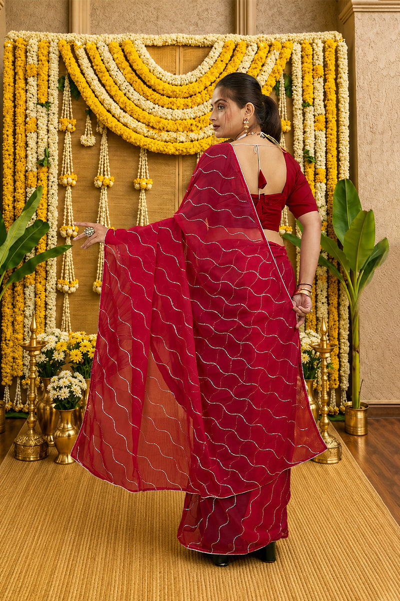 Red Beaded Swarovski Georgette Fancy Saree