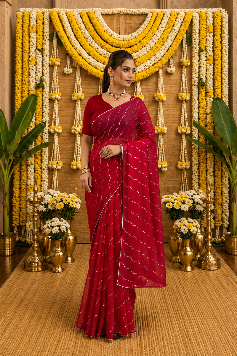 Red Beaded Swarovski Georgette Fancy Saree