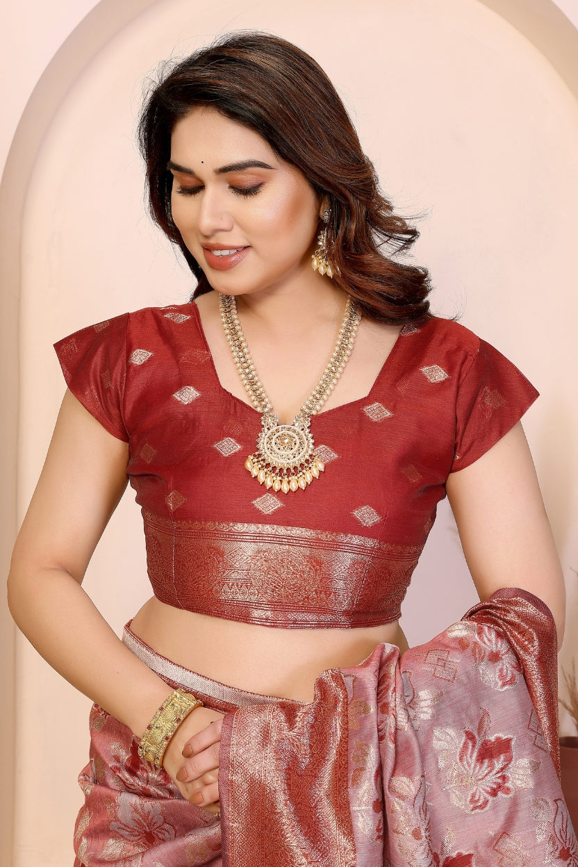 Red Cotton Blend Jacquard Zari Saree