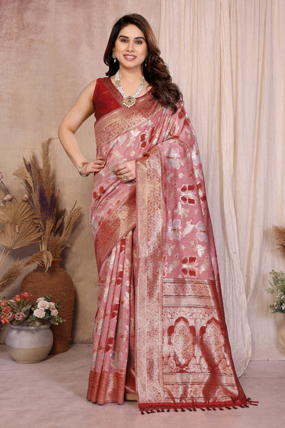 Red Cotton Blend Jacquard Zari Saree