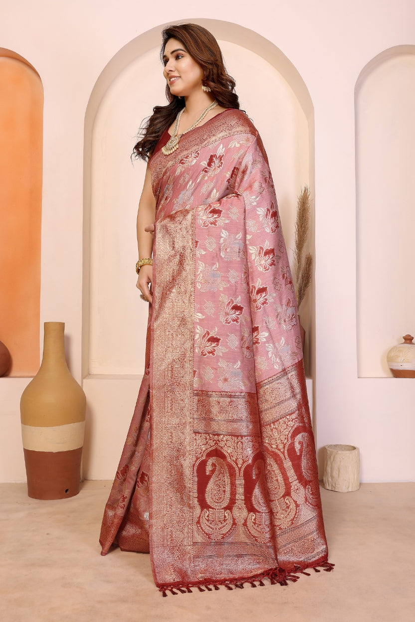 Red Cotton Blend Jacquard Zari Saree