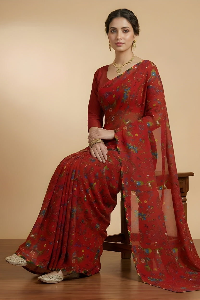 Red Floral Printed Georgette Saree
