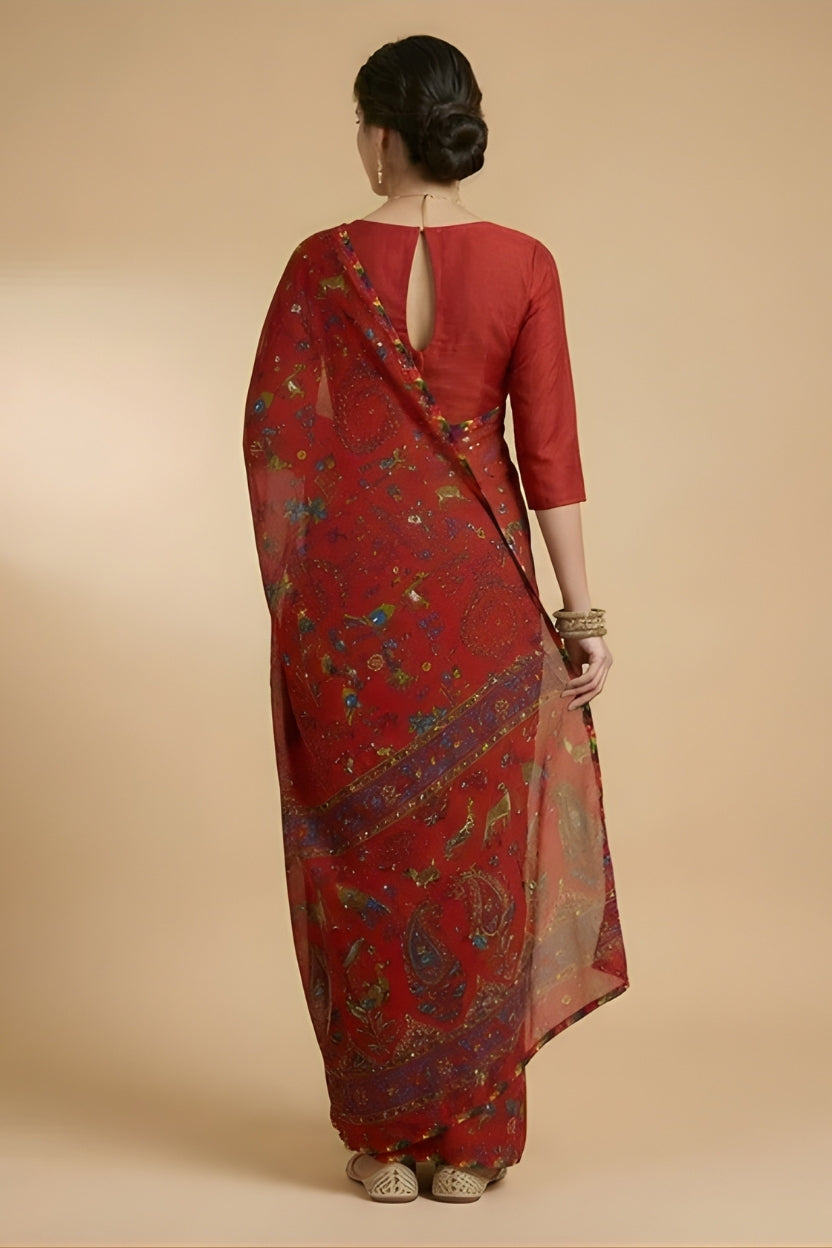 Red Floral Printed Georgette Saree