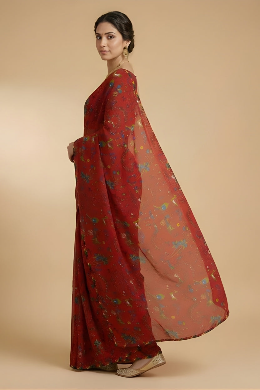Red Floral Printed Georgette Saree