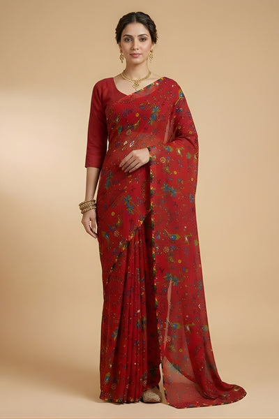 Red Floral Printed Georgette Saree