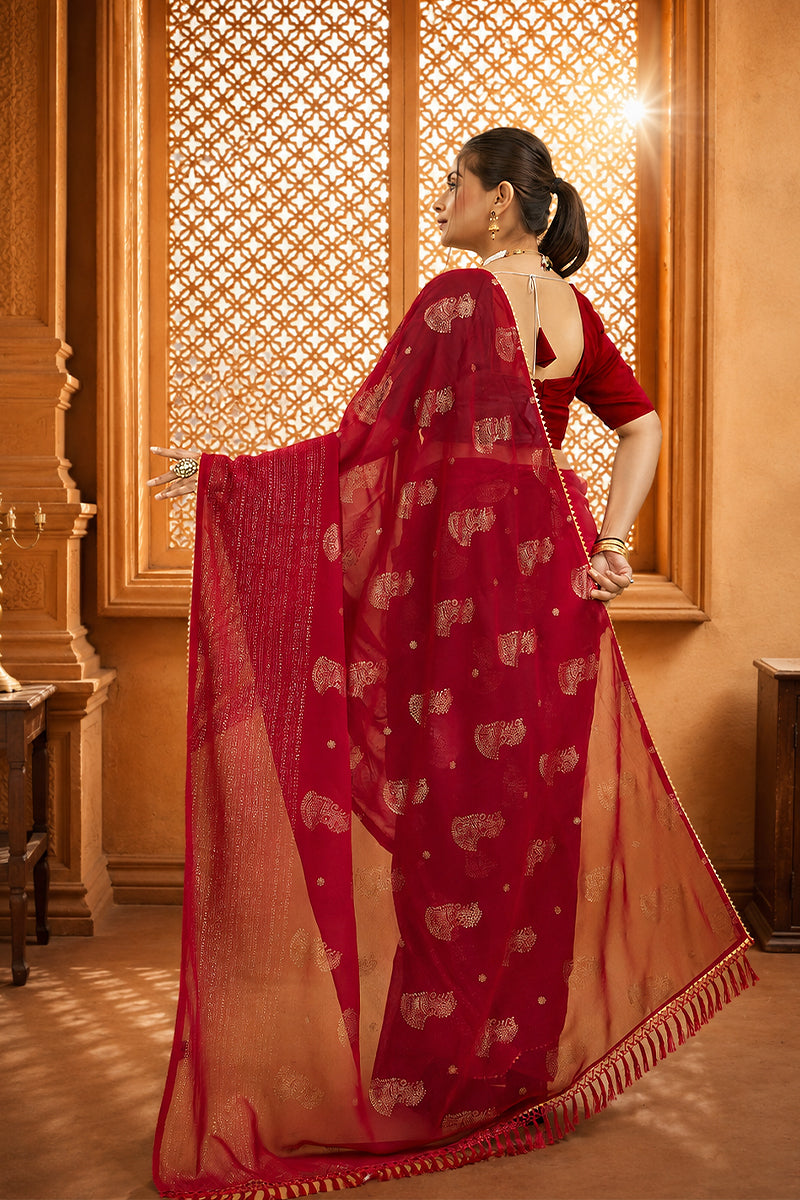 Red Foil Printed Georgette Saree