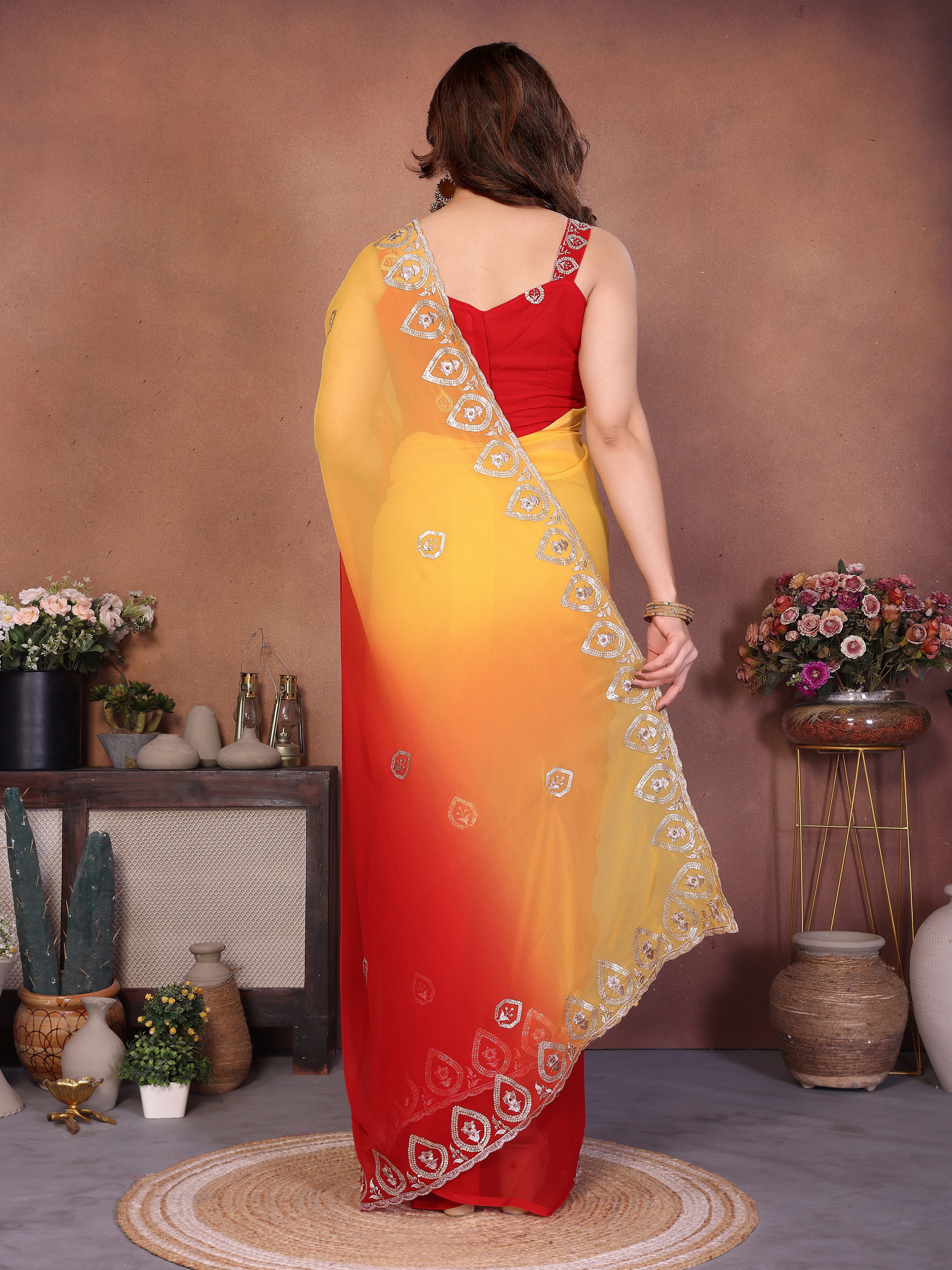 Red Georgette Embroidered Saree