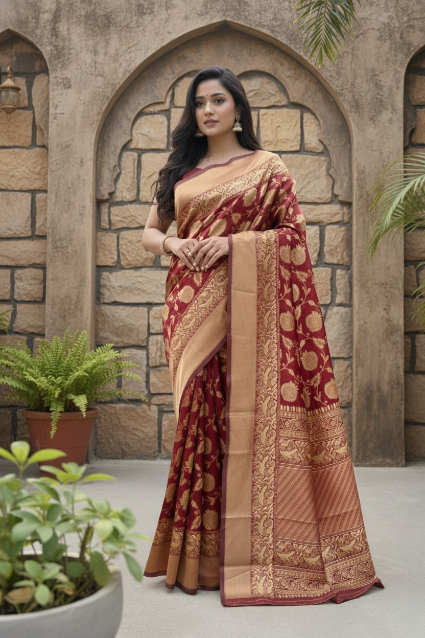 Red Golden Zari Silk Blend Saree